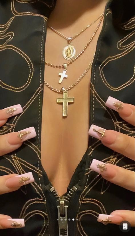 Pink French tips gold cross charms French Tip Nails With Cross, Nails With Cross Charm, Nails With Cross, Pink French Tips, Pink French, Tip Nails, Trap Music, French Tips, French Tip Nails