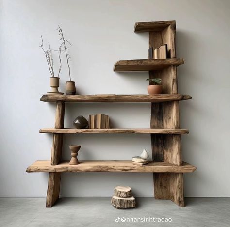 Raw Edge Bookshelf, Live Edge Wood Furniture, Rustic Shelving, Game Room Ideas, Rustic Wooden Furniture, Wood Coffee Table Rustic, Driftwood Art Diy, Driftwood Wall Art, Living Room Decor Inspiration