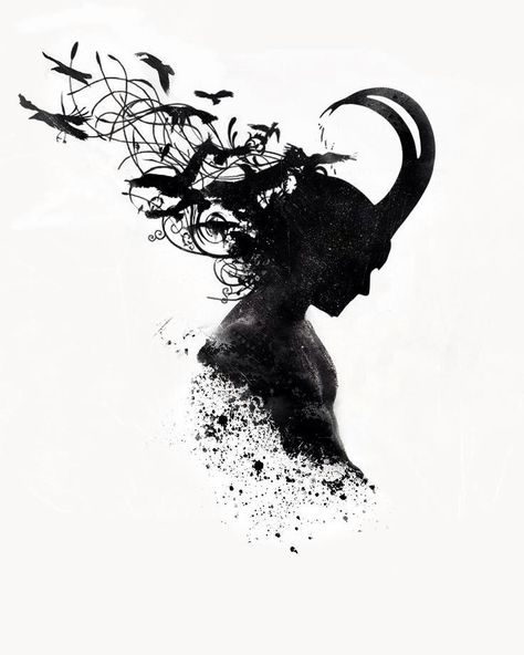 Loki & crows art work! This would be a really cool tattoo! Dee, if we can find a similar Thor one, I think these would be awesome for our matching tats! Loki Tattoo, Loki Fan Art, Loki Wallpaper, Demon Wings, Loki Art, Marvel Tattoos, Loki Fanart, Crow Art, Ange Demon