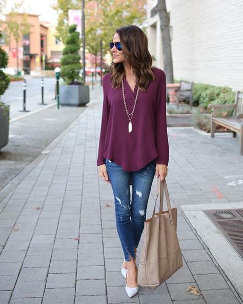 Plum colored blouse/ t-shirt with white or light tan flats or sandals.  Aesthetics Blouse - Plum Purple Blouse Outfit, Culottes Outfit Casual, Outfit Semi Formal, Chic Fall Fashion, Cabi Clothes, Purple Outfits, Professional Wardrobe, Purple Blouse, Blouse Outfit