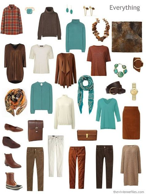 Capsule wardrobe in a brown, and turquoise color palette, inspired by art: Spirit of Autumn by Albert Pinkham Ryder Autumn Color Palette Fashion, Building A Capsule Wardrobe, Mode Ab 50, Deep Autumn Color Palette, Soft Autumn Color Palette, Camel Pants, Capsule Dressing, Teal Scarf, True Autumn