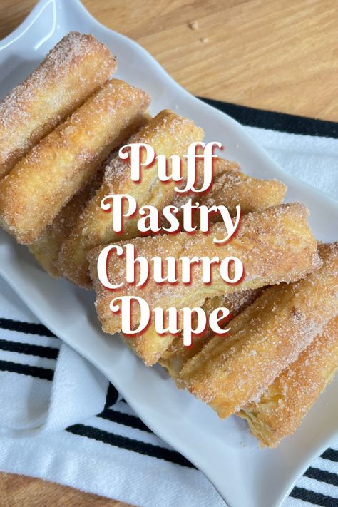 This Puff Pastry Churro Dupe is the perfect easy Cinco de Mayo dessert hack! With just a few simple ingredients, you can enjoy the sweet and slightly spiced flavor of churros without the time-consuming process of making them from scratch. #cincodemayo #easyrecipes Easy Desert With Puff Pastry, How To Make Churros Easy Recipe, Pastry Sheet Recipes Desserts, Churro Pie, Puff Pastry Churros, Desserts With Puff Pastry Sheets, Recipes Using Puff Pastry Sheets, Churro Desserts, Churro Recipes