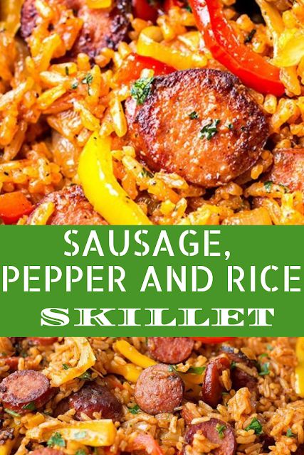 SAUSAGE, PEPPER AND RICE SKILLET | My Delicious Recipes Chicken Sausage With Rice, Sweet Italian Sausage Recipes Dinners With Rice, Andouille Sausage And Peppers, Turkey Andouille Sausage Recipes, Brat Sausage Recipes, Bratwurst And Rice Recipes, Recipes With Turkey Kielbasa, Turkey Keilbasa Recipes Easy, Italian Sausage Recipes For Dinner Casseroles