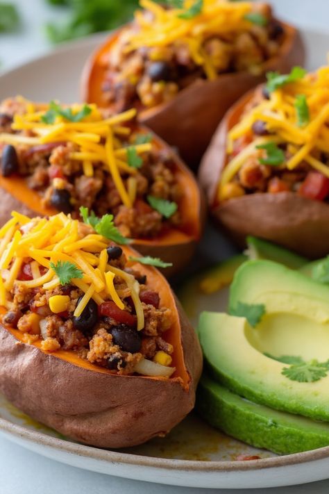 Delicious Taco Stuffed Sweet Potatoes Ground Turkey Sweet Potato Bake, Taco Stuffed Sweet Potato, Stuffed Sweet Potato Recipes, Bean And Sweet Potato, Black Beans And Corn, Creamy Spinach Dip, Beans And Corn, Ground Turkey Tacos, Sweet Potatoes Recipe