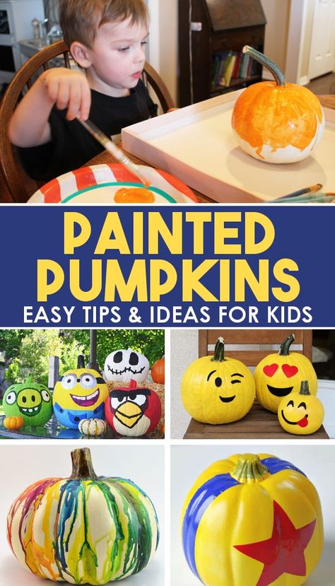 Get the best tips and ideas for easy Halloween painted pumpkins for kids! A great fall DIY craft with many ideas and examples that includes Disney characters and other cute, creative painted no carve pumpkin ideas! #Halloween #Fall #ActivitiesForKids #Easy Crafts #ForKids #FunForKids Painting Pumpkin Ideas For Kids, Easy Painting Pumpkin Ideas For Kids, Easy Halloween Pumpkin Painting, Painted Pumpkins Ideas Easy, Painted Pumpkin Ideas For Kids, Painting Pumpkins Kids, Painted Pumpkins Kids, Kids Painted Pumpkins, Painted Pumpkins For Kids