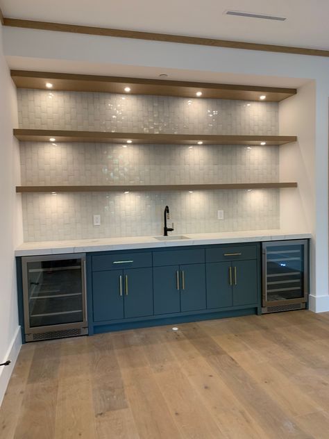 Bonus Room Dry Bar, Navy Basement Bar, Navy Blue Dry Bar, Basement Wall Bar Ideas, Dry Bar Backsplash, Blue Basement Bar, Lake House Bar Ideas, Small Basement Dry Bar, Basement Beverage Station