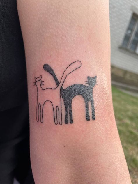 Stick And Poke Tattoo Cat, Cat Stick And Poke, Thigh Tats, Hand Poke Tattoo, Cats Tattoo, Black And White Cats, Thigh Tat, Elbow Tattoo, Cat Biting