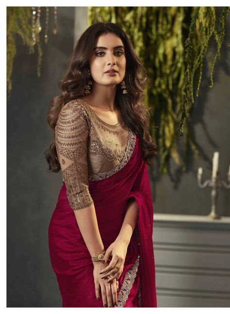 Work Sarees Party Wear, Net Saree Blouse Designs, Red Blouse Design, Latest Saree Trends, Netted Blouse Designs, Net Blouse, Simple Saree Designs, Latest Model Blouse Designs, Fancy Saree