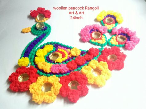 Woollen craft ideas Crochet Diya Holders, Divali Decoration, Diya Holder, Diya Decoration Ideas, Diya Decoration, Peacock Rangoli, Woolen Craft, Woolen Dresses, Diwali Diy