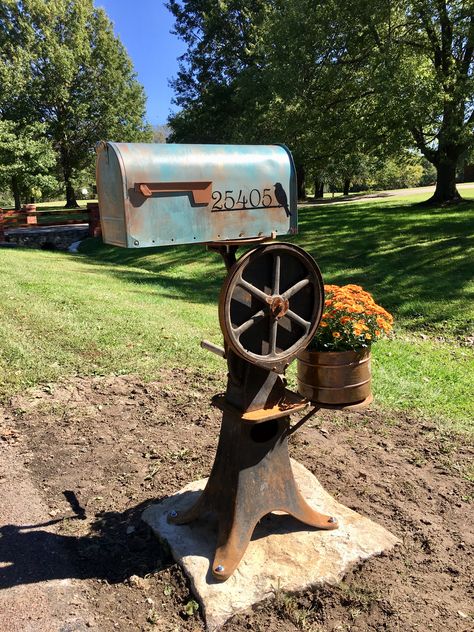 Antique cream separator used for our new mailbox post. Mailbox Post Ideas Unique, Cream Separator Ideas, Industrial Mailbox Ideas, Unique Mailbox Ideas Diy, Old Mailbox Ideas, Vintage Mailbox Ideas, Country Mailbox Ideas Rustic, Rustic Mailbox Ideas, Farmhouse Mailbox Ideas Diy