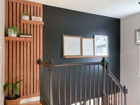 Split Level Accent Wall, 1960s Staircase, Diy Outdoor Candle Holders, Diy Wall Sconces, White Wash Brick Fireplace, Baseboard Heater Covers, Slat Walls, 90s House, Stair Ideas