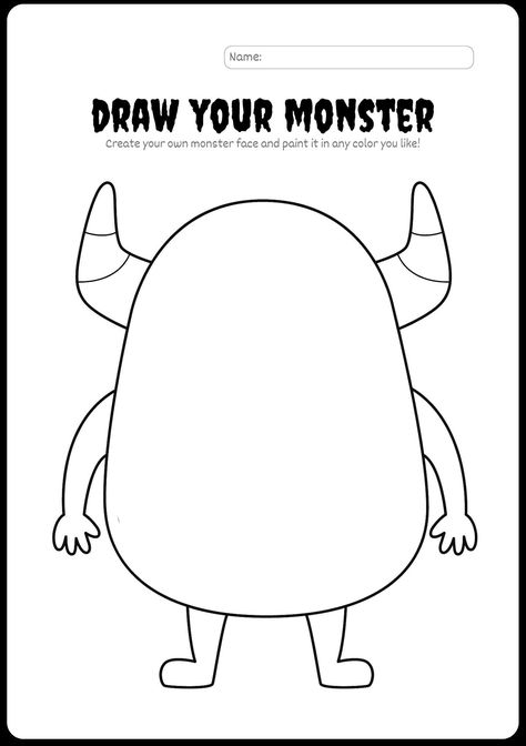 MAKE HALLOWEEN EVEN MORE FUN WITH THIS SUPER CUTE "DRAW YOUR OWN MONSTER"  PRINTABLE WORKSHEET! FILL IT OUT DAILY (DIGITALLY), OR PRINT IT AND LAMINATE IT AND GIVE TO YOUR KID(S) TO GET THEIR CREATIVITY FLOWING! 8.5" X 11" DIGITAL/PRINTABLE DOWNLOAD BY ESMIRNA TAPIA OF DISCO MONDAYS STUDIO *THIS IS A DIGITAL PRODUCT- NO PHYSICAL PRODUCT WILL BE SHIPPED TO YOU.* PLEASE NOTE THAT DUE TO THE DIGITAL NATURE OF THIS PRODUCT, ALL SALES ARE FINAL. YOU CAN ALWAYS CONTACT ME FOR ANY QUESTIONS AND/OR INQUIRIES :) *WARNING: Files are for personal use only and may not be resold, copied, distributed, altered, shared, or used for commercial use. 3 Year Kids Activities At Home, Create Your Own Monster Printable, Monster Template Free Printable, Halloween Activities For Kids Printable, Draw Your Own Monster, Draw Your Monster, Halloween Worksheets Preschool, Halloween Worksheets For Kids, Monster Coloring Pages For Kids