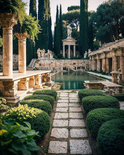 240406 - roman gardens leak over travertine; sdxl (comfy), midjourney, magnific, python, lightroom . i use the word "leak" here, as the… | Instagram Roman Garden Aesthetic, Roman Garden Ideas, Roman House Design, Greco Roman Aesthetic, Roman Mansion, Mallorca Homes, Roman Courtyard, Roman Castle, Roman Landscape