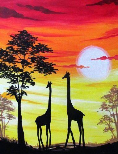 Serengeti Sunset, Easy Landscape Paintings, Sunrise Painting, Afrique Art, Afrikaanse Kunst, Paint Nite, Giraffe Art, Silhouette Painting, Oil Pastel Art