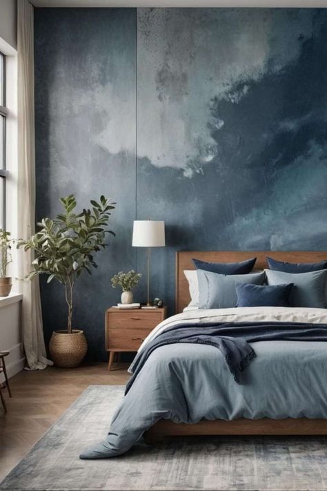 Serenity Now: Crafting the Perfect Organic Modern Bedroom - West Magnolia Charm Blue Organic Modern Bedroom, Organic Modern Bedroom Blue, Smoky Blue Bedroom, Modern Bedroom Blue, Bedroom Wallpaper Ideas Modern, Wallpaper For Bedroom Modern, Modern Master Bedrooms Decor, Bedroom With Blue Accents, Modern Bedroom Wallpaper