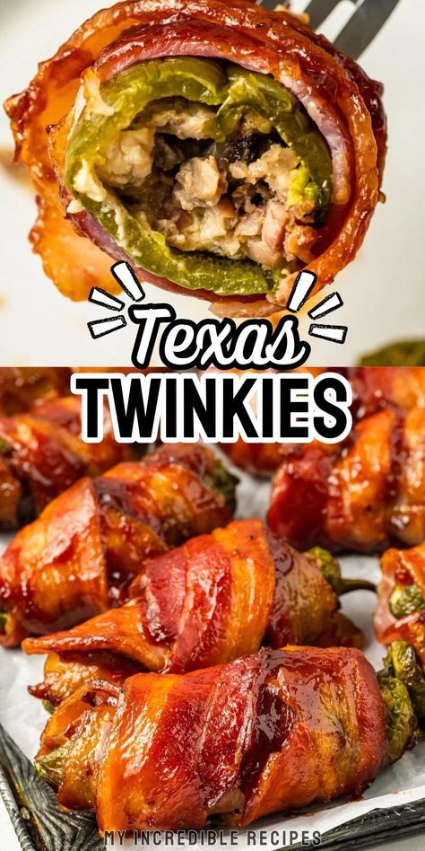 Texas Twinkies are a delicious jalapeno pepper that is hollowed out and stuffed with cream cheese and brisket, and then wrapped in bacon and slathered in BBQ sauce. These unique smoked peppers are a great cookout or potluck appetizer that are perfect to share with friends. Grab your ingredients and try them today! Stuffed Peppers Wrapped In Bacon, Jalapeño Stuffed Peppers, Brisket Stuffed Peppers, Easy Jalapeno Recipes, Jalapeño Peppers Stuffed, Stuffed Jalapenos Cream Cheese, Cream Cheese Stuffed Sweet Peppers, Smoked Jalapeno Peppers Bacon Wrapped, Stuffed Jalapeno Peppers Bacon Wrapped