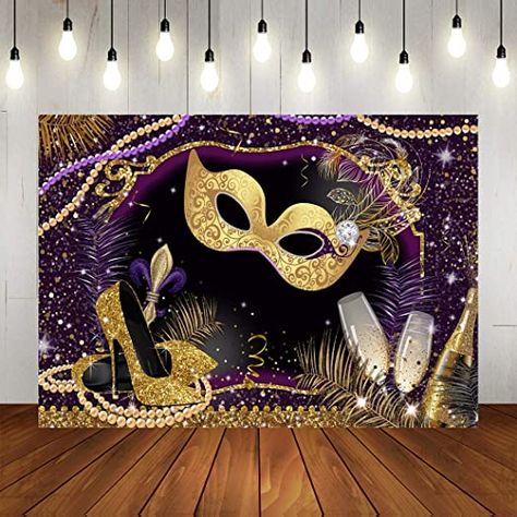 Masquerade Party Backdrop, Backdrop Purple, Mask Photo, Carnival Photography, Purple Mask, Masquerade Party Decorations, Retro Printables, Outdoor Party Decorations, Gold Mask