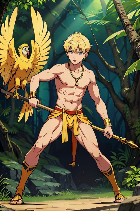 A close up of a cartoon character holding a bird on a stick - SeaArt AI Man Rpg, Macaw Feathers, Bird Cartoon, Cartoon Body, A Cartoon Character, On A Stick, Bowl Cut, Guy Drawing, Fantasy Warrior