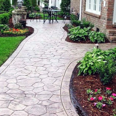 Stamped Concrete Walkway, Stamped Concrete Driveway, Front Yard Decor, Walkway Landscaping, Concrete Patios, Walkway Design, Concrete Walkway, Pathway Landscaping, Front Walkway