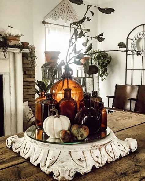 Vintage Thanksgiving Decor, Cottage Thanksgiving, Vintage Bottles Decor, British Autumn, Good Evening Friends, Cloche Decor, Outside Fall Decor, Wood Riser, Fall Vignettes