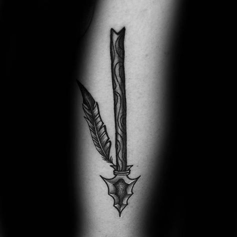 Traditional Tattoo Of Spear On Man Traditional Spear Tattoo, Spear Tattoos, Spear Tattoo Design, Spear Tattoo, Emblem Ideas, Spartan Spear, Tattoos Arrow, Yggdrasil Tattoo, Seal Tattoo