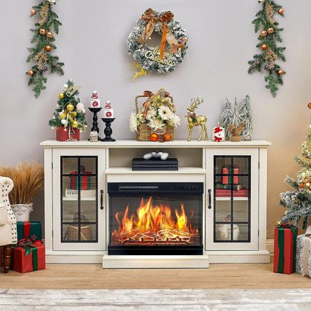 Modern Electric Fireplace, Tv Stand Wayfair, Electric Fireplace Tv Stand, Glass Fireplace, Real Flame, Fireplace Tv Stand, Tv Stand Wood, Glass Cabinet Doors, Tv Stands And Entertainment Centers