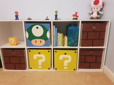 Mario Storage Cubes, Mario Cube Shelf, Mario Kart Bedroom Ideas, Super Mario Playroom, Mario Nursery Theme, Super Mario Kids Room, Super Mario Themed Bedroom, Super Mario Room Ideas, Super Mario Bros Bedroom Ideas