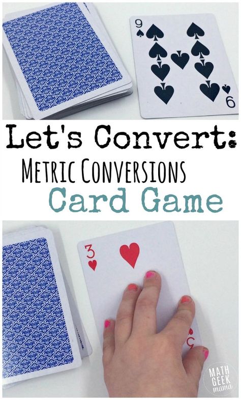 If you need to practice metric conversions, read this post! This metric conversions game is SUPER simple, and will only take 2 minutes to set up, but will reinforce a variety of math skills. Help students practice multiplying and dividing powers of ten, mental math and a better understanding of the metric system. http://mathgeekmama.com/metric-conversions-game/?utm_campaign=coschedule&utm_source=pinterest&utm_medium=Bethany%20%7C%20Math%20Geek%20Mama&utm_content=Let%27s%20Convert... Measurement Conversion Activities, Easy Math Games, Math Card Games, Powers Of Ten, The Metric System, Grade 6 Math, Metric Conversions, Measurement Activities, Math Geek