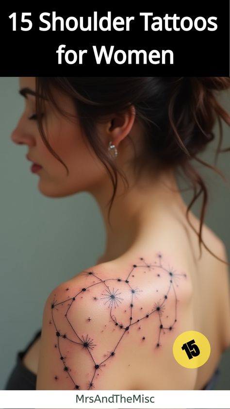 Shoulder Tattoos for Women,Woman with intricate constellation map shoulder tattoo Collar Bone And Shoulder Tattoo, Christian Shoulder Tattoos For Women, Collar Bone Tattoo For Women, Minimalist Shoulder Tattoos For Women, Fine Line Shoulder Tattoo, Shoulder Cap Tattoos For Women, Shoulder Cap Tattoo, Left Arm Tattoos, Floral Tattoo Shoulder