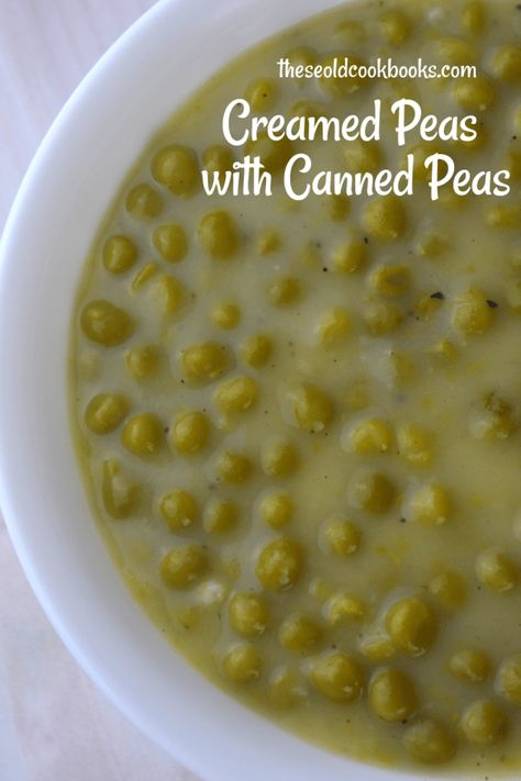 Creamed Peas using Canned Peas may not be fancy, but it’s fast, economical, easy, and my kids love them. All it takes is a can of green peas, butter, flour, milk, salt and pepper. #peas Canned Peas Recipe, Creamed Veggies, Can Peas Recipe, Creamed Peas Recipe, Creamed Peas And Potatoes, Canned Peas, Green Peas Recipes, Creamed Peas, Canned Potatoes