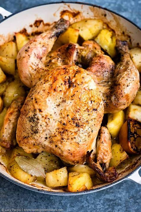 One-pot Greek Oven–Roasted Chicken and Potatoes Oregano Potatoes, Best Whole Chicken Recipe, Whole Chicken Recipes Oven, Whole Roast Chicken Recipe, Chicken Greek, Greek Chicken And Potatoes, Whole Baked Chicken, Whole Chicken Recipe, Braised Chicken Breast