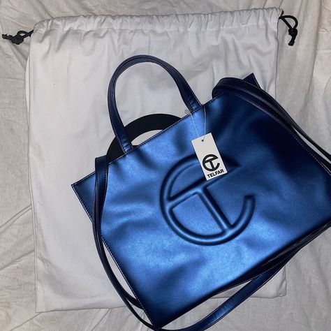 Brand new Medium Cobalt Blue Telfar Metallic Telfar Bag, Blue Telfar Bag, Spoiled Princess, Telfar Bag, Telfar Handbags, Bags Aesthetic, Metallic Blue, Givency Antigona Bag, New Media