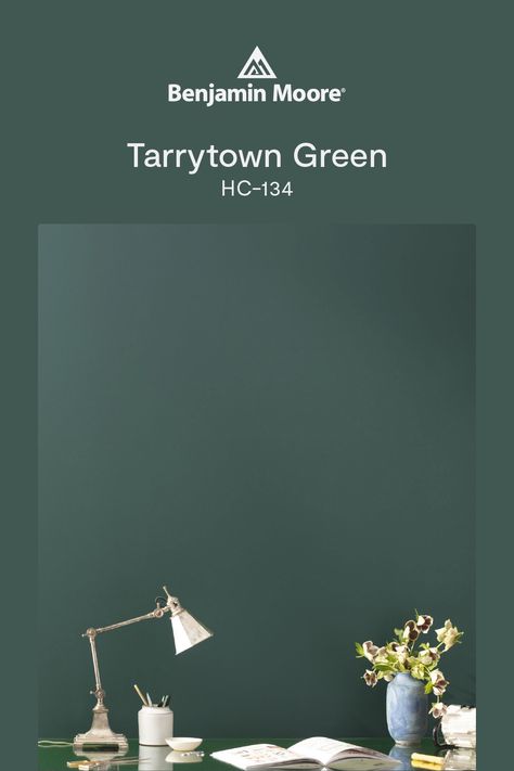 A deep pine green with a slightly cool cast. Bm Tarrytown Green, Benjamin Moore Tarrytown Green, Tarrytown Green, Green Interior Paint, Green Pallet, Grant Beige, Tennessee House, Armoire Makeover, Bedroom Dark