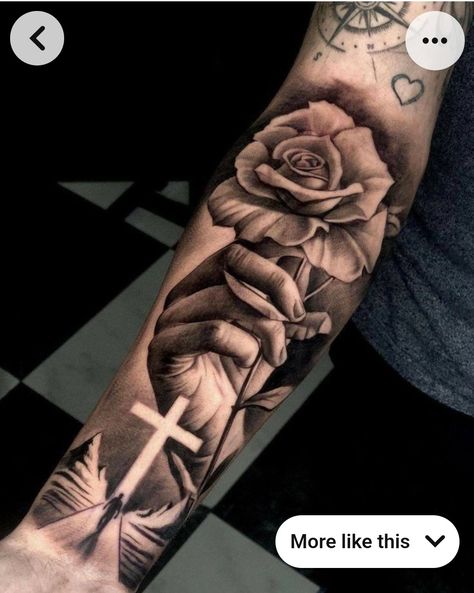 Filler Tattoo Ideas Gap Men Arm, Christian Tattoos Sleeve, Cross Tattoo Sleeve, Cross Tattoos Men, Christian Sleeve Tattoo Men, Men Tattoo Ideas Forearm Half Sleeves, Tattoos For Guys Forearm, Rose Tattoo Men, Forearm Tattoos For Guys