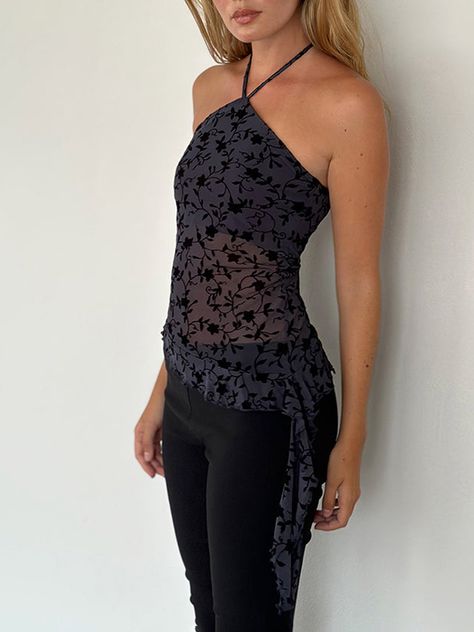 Women's Halter Tops Slim Fit Black See Through Sleeveless Backless Irregular Hem Flower Print Crop Halter Vest, Womens Halter Tops, Boho Birthday, Womens Camisoles, Womens Sleeveless Tops, Women Halter, Irregular Hem, Floral Outfit, Hem Design