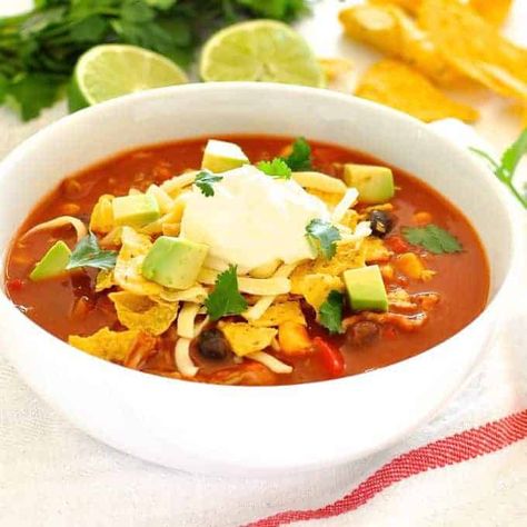 Quick Taco (Enchilada) Soup with Pulled Pork | RecipeTin Eats - Skip the beans and corn for low-carb. Could add green chilies instead. Tin Eats, Leftover Pulled Pork, Pork Carnitas Slow Cooker, Slow Cooker Shredded Chicken, Quick Soup, Pulled Pork Leftovers, Leftover Pork, Mexican Soup, Recipetin Eats