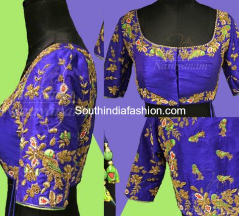 parrot_design_zardosi-work_blouse Zardosi Work Blouse, Parrot Design, Maggam Work Blouse, Zardosi Work, Maggam Work Designs, Traditional Blouse Designs, 2016 Fashion Trends, Designer Kurti Patterns, Fashion Indian