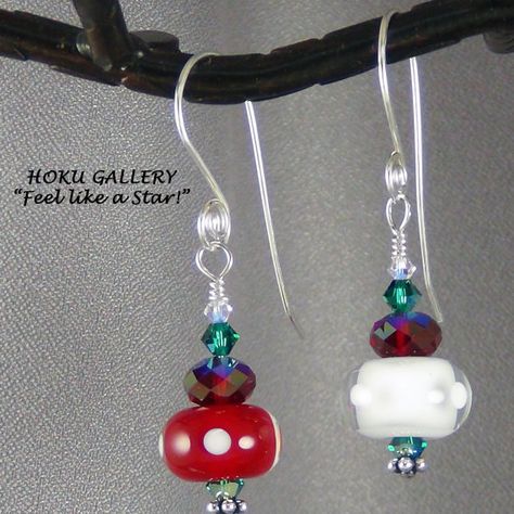 New!!!  Red White Green Lampwork Glass Bead Earrings  by HokuGallery Gallery Jewelry, Glass Bead Earrings, Earrings Christmas, Handcrafted Artisan Jewelry, Lampwork Glass Beads, Long Tail, Christmas Red, Faceted Crystal, Bead Earrings