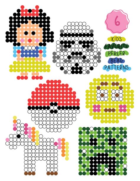 Kid Friendly Perler Bead Patterns Party Favors • A Subtle Revelry Pony Bead Projects, Pony Bead Crafts, Easy Perler Bead Patterns, Pony Bead Patterns, Perler Bead Templates, Hama Beads Patterns, Bead Embroidery Patterns, Diy Perler Beads, Iron Beads