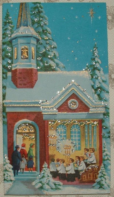 UNUSED - Glittered - 1950's Family Enter Church - 1950's Christmas Card | #2014238940 Beautiful Christmas Scenes, Retro Christmas Cards, Send Christmas Cards, Kitsch Christmas, 1950s Christmas, Vintage Christmas Images, Merry Christmas To All, Christmas Greeting Card, Christmas Past