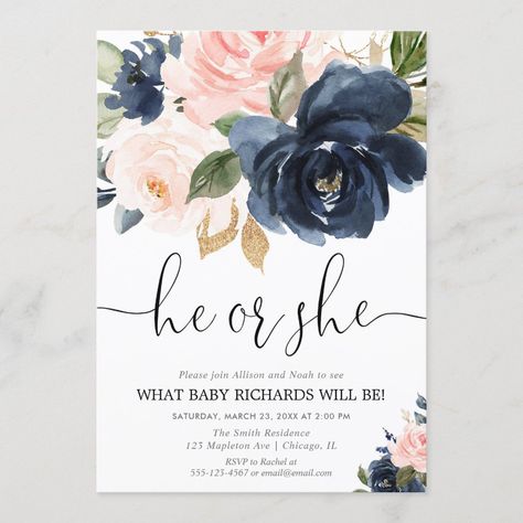 Navy Blue Girl, Peach Weddings, Blush Pink Navy Blue, Simple Gender Reveal, Gender Reveal Party Invitations, Twin Shower, Gender Party, Blue Girl, Gender Reveals