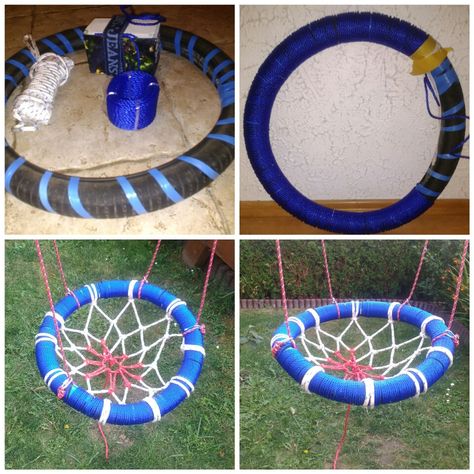 DIY spider web swing. Decorating A Mobile Home, Diy Spider Web, Diy Spider, Diy Swing, Backyard Hammock, Play Area Backyard, Diy Playground, Living Room Wall Decor Ideas, Tire Swing