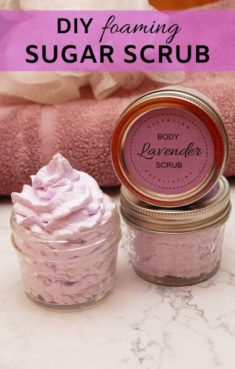 Very easy foaming, whipped DIY sugar scrub recipe with lavender essential oil. Cleanses and exfoliates. #diysugarscrub #bodyscrub #sugarscrub #homemadebeautyproducts #lavenderoil #essentialoils #diygift #diybeauty Sugar Scrub Homemade Recipe, Homemade Sugar Scrub, Diy Body Scrub Recipes, Diy Sugar Scrub, Diy Sugar Scrub Recipe, Homemade Pictures, Lavender Sugar, Sugar Scrub For Face, Lavender Sugar Scrub