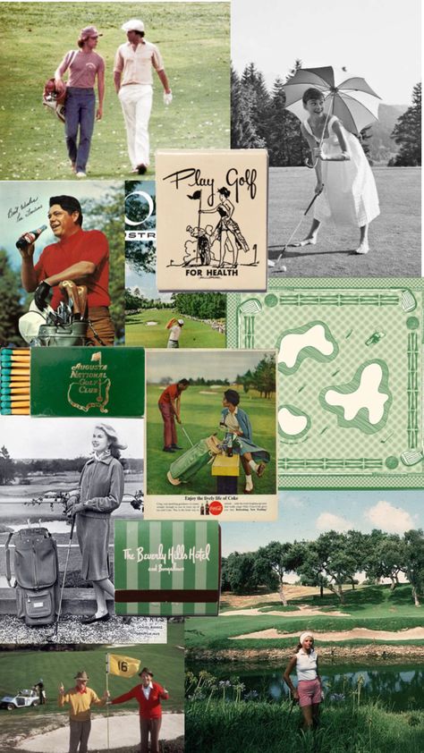 Golf Collage, 80s Golf, Retro Golf, Golf Driving Range, Augusta National Golf Club, Augusta National, Beverly Hills Hotel, Driving Range, Mountain Lake