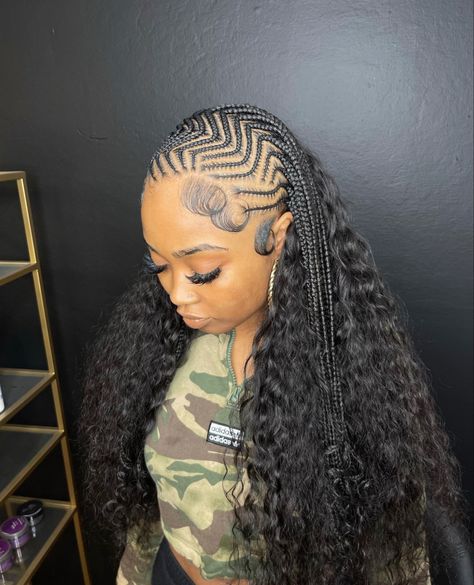 Two Braids Hairstyle Black Women Color, Long Fulani Braids Hairstyles With Curls, Cornrows With Curls In Back, Box Braids With Shaved Sides, Stitch Feed In Braids, Braids With Curly Hair, A Quick Weave, Shaved Sides And Back, Shaved Side