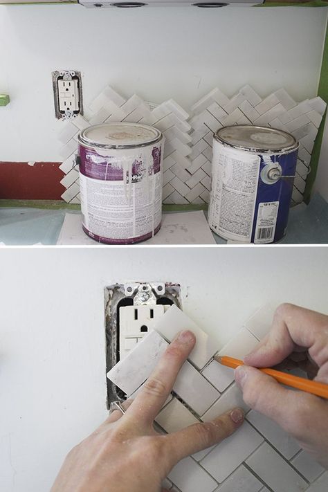 How to install kitchen tile backsplash including tips on how much tile to buy, how to cut around outlets and windows, and the best type of grout to use. Install Tile Backsplash, Herringbone Backsplash Kitchen, How To Install Tile, Kitchen Outlet, Diy Tile Backsplash, Kitchen Tile Backsplash, How To Lay Tile, Diy Kitchen Backsplash, Herringbone Backsplash