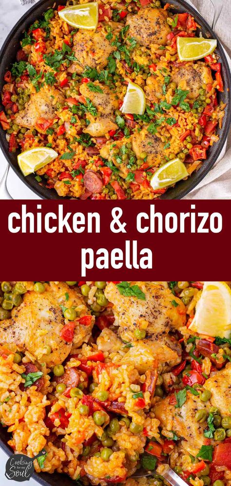 Chorizo Chicken, Salmon Paella, Chicken Paella Recipe, Chicken Paella Recipe Authentic, Basque Chorizo Recipes, Chorizo And Chicken Recipes, Chorizo Paella, Chicken And Chorizo Recipes, Spanish Chicken Recipe