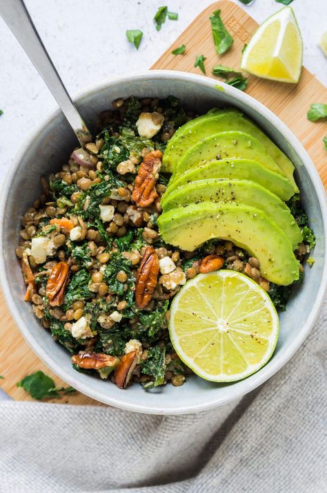 Kale and Lentil Salad with Avocado | La Cuisine de Géraldine Feta And Avocado, Kale Feta, Healthy Eating Lunch, Grilled Cauliflower, Salad With Avocado, Kale Recipes, Winter Salad, Lentil Salad, Lentil Recipes