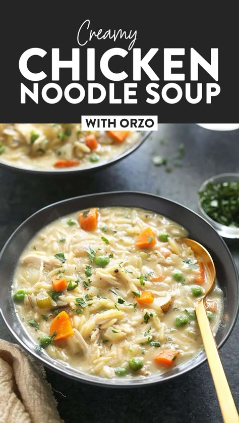 Creamy Chicken Noodle Soup is a healthy dinner idea that the whole family will love. It's packed with tons of protein and veggies and is creamy as can be! Creamy Chicken And Orzo Soup, Chicken Noodle Soup With Orzo, Creamy Chicken Orzo Soup, Creamy Chicken Orzo, Soup With Orzo, Orzo Soup Recipes, Creamy Chicken Noodle, Clean Eating Soup, Creamy Chicken Noodle Soup