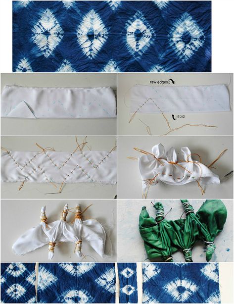 Trash To Couture: DIY: Nui Shibori with Indigo Fabric Folds, Shibori Diy, Diy Tie Dye Techniques, Diy Tie Dye Designs, Tie Dye Patterns Diy, Fabric Dyeing Techniques, Diy Tie Dye Shirts, Dyeing Tutorials, Dyeing Fabric